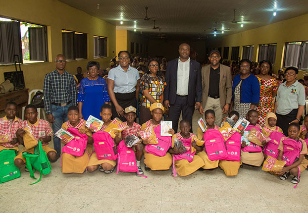 Distribution of school supplies at Opebi junior grammar school